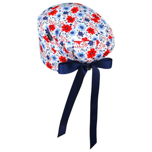 Red White and Blissful Flowers Euro Scrub Cap