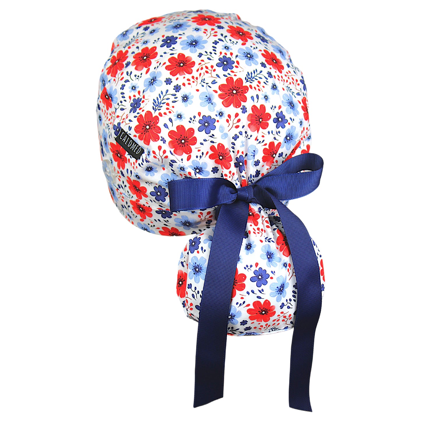 Red White and Blissful Flowers Ponytail Scrub Cap