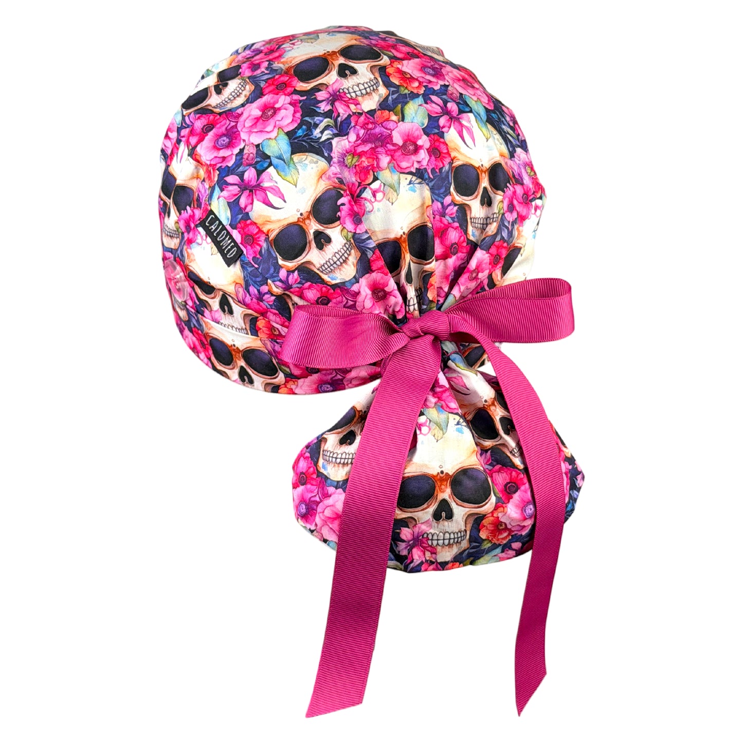 Blooming Pink Skulls Ponytail Scrub Cap