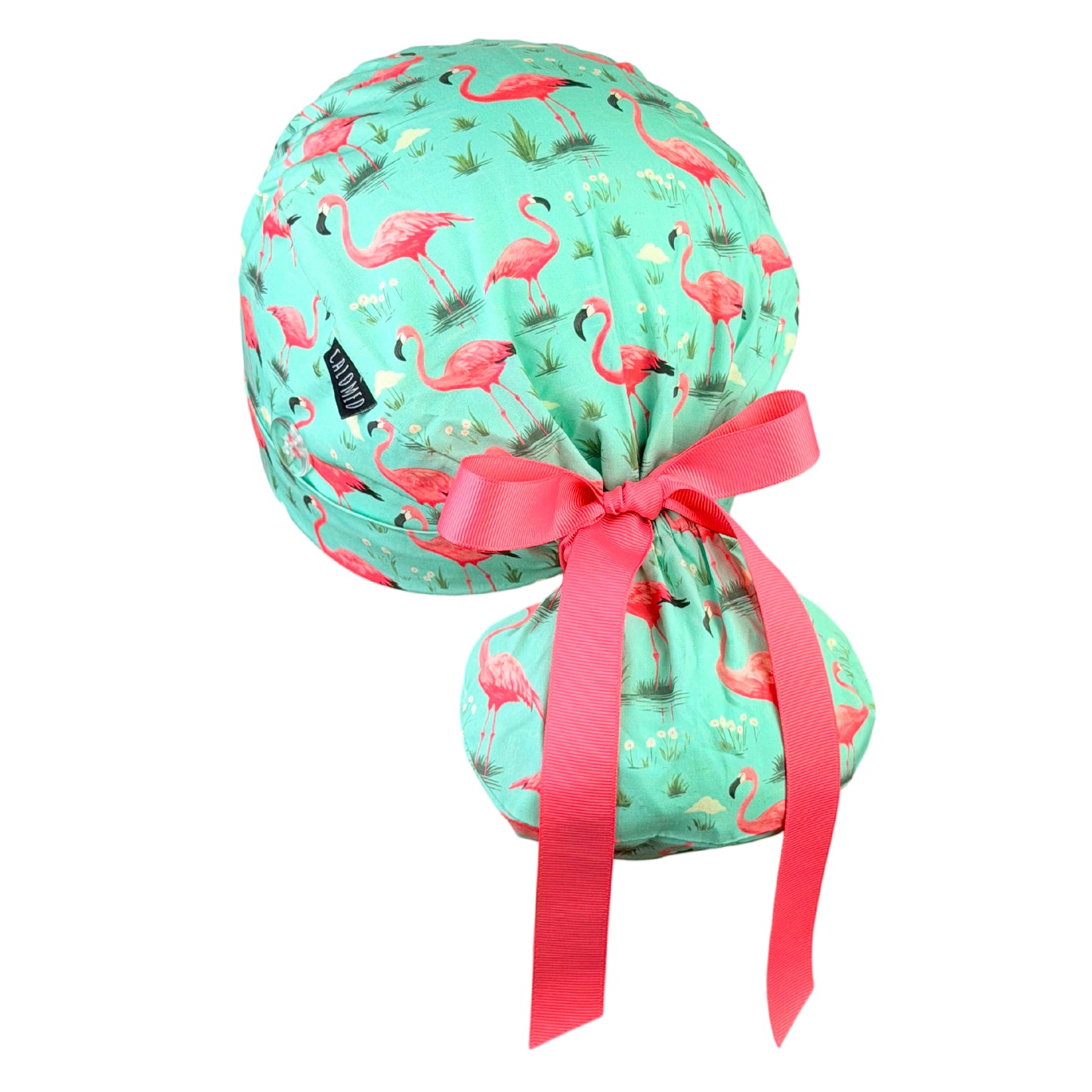 Flamingo Blooming Grass Paradise Ponytail Scrub Cap