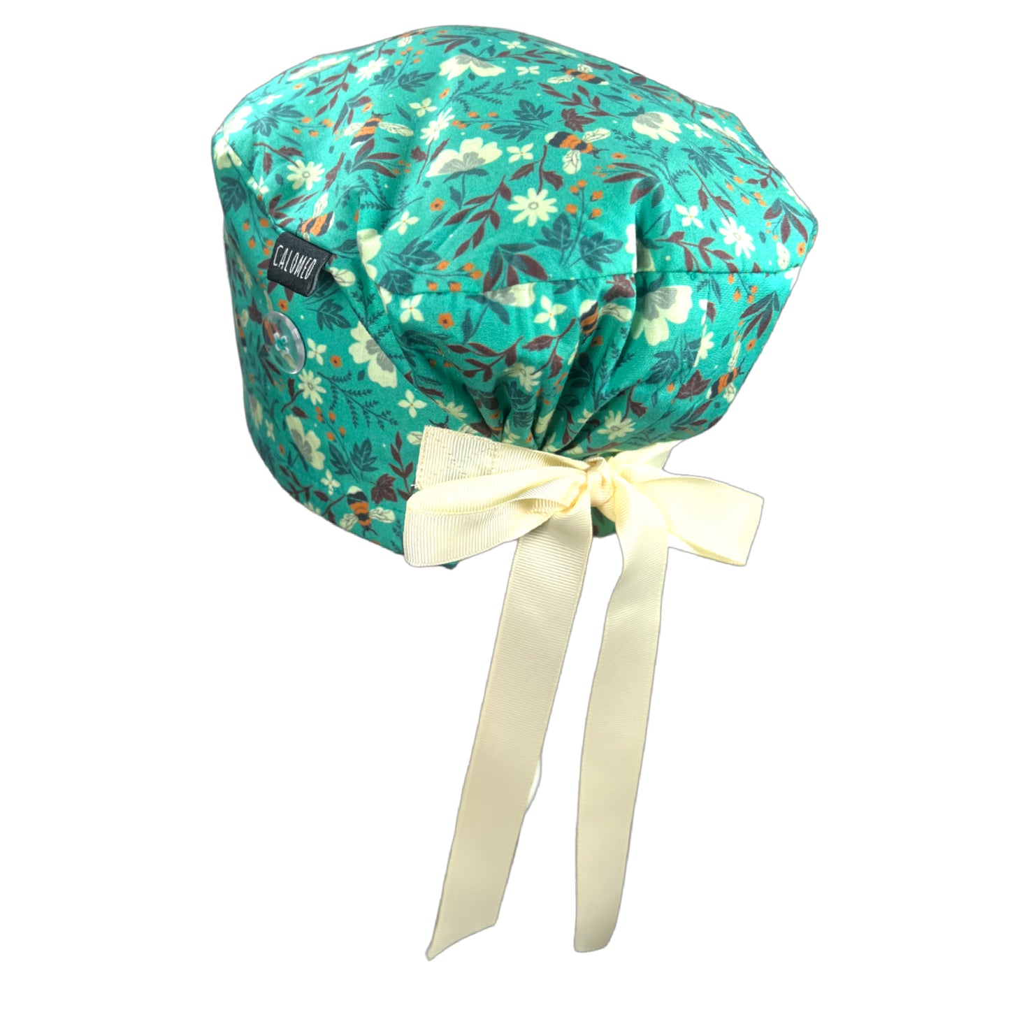 Bees and Flowers on Teal Euro Scrub Cap