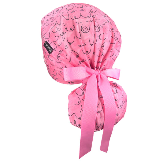 Boobs on Pink Ponytail Scrub Cap - 100% Cotton