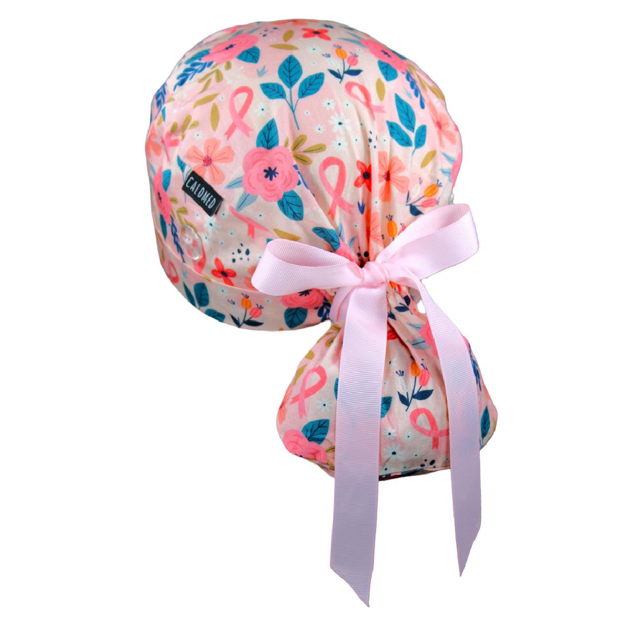 Breast Cancer Flowers Ponytail Scrub Cap - 100% Cotton