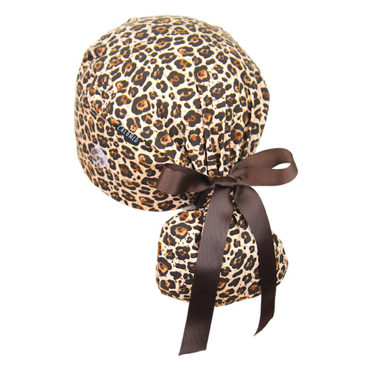 Brown Cheetah Print Ponytail Scrub Cap - 100% Cotton