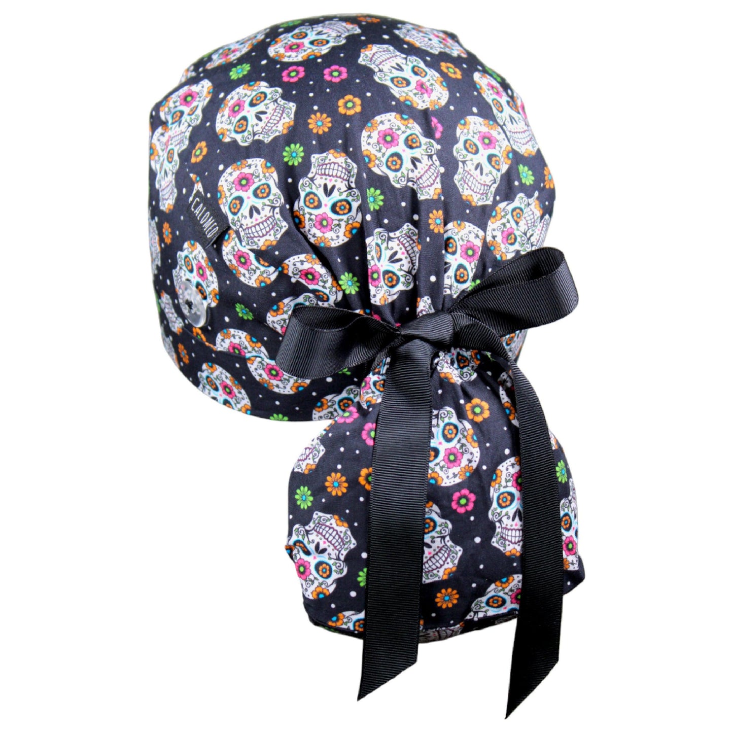 Candy Skulls on Black Ponytail Scrub Cap - 100% Cotton