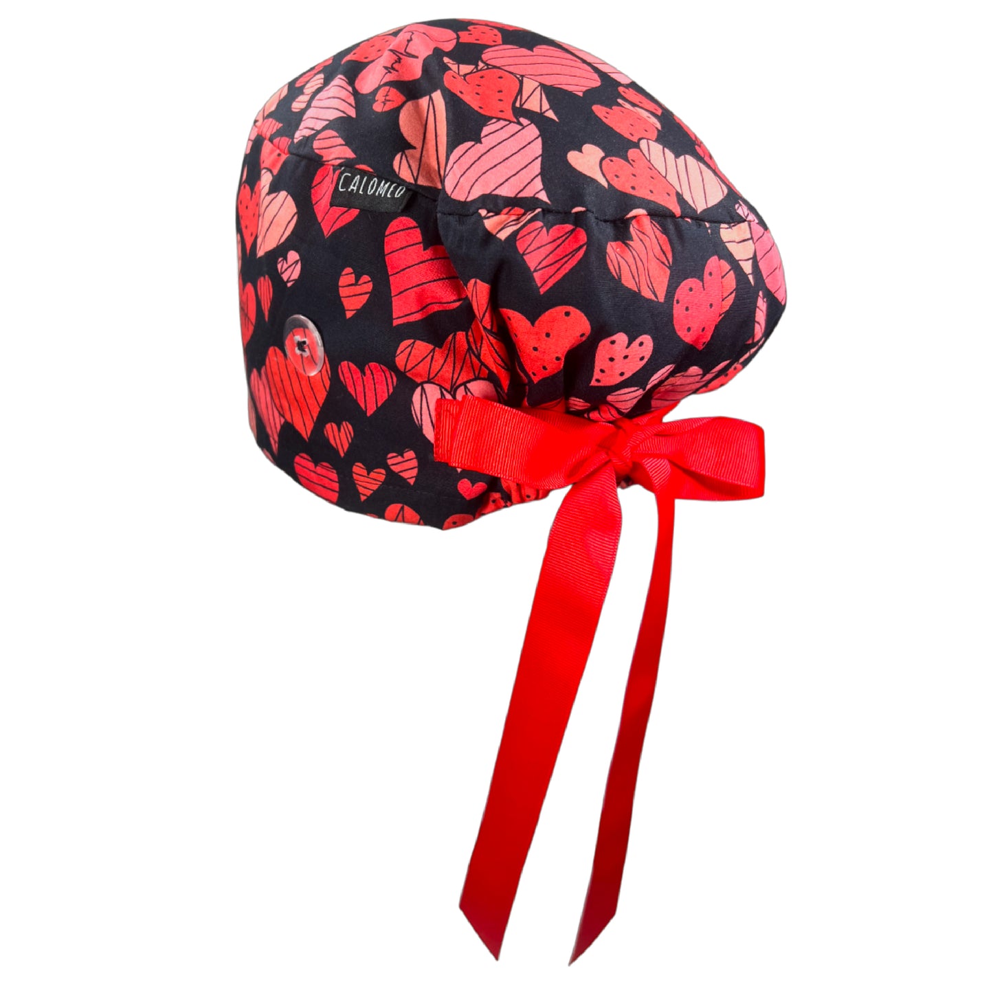 Cardiac Hearts on Black Euro Scrub Cap - 100% Cotton