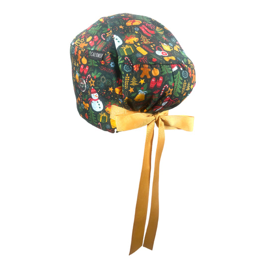 christmas illustrations on dark green euro scrub cap view 2