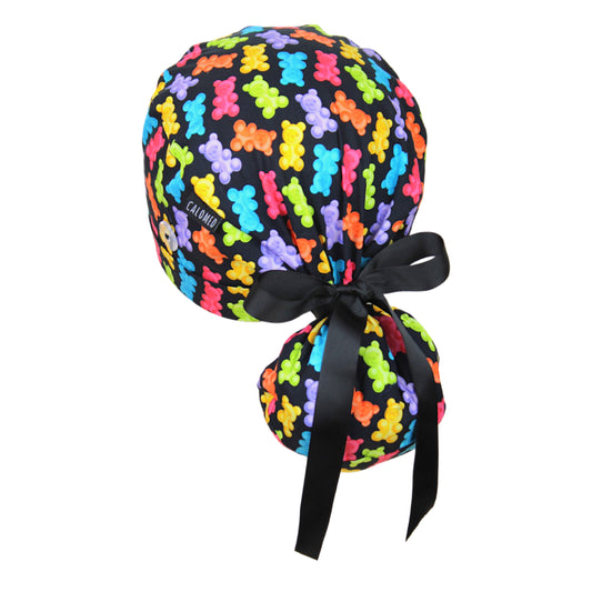 Colorful Candy Bears on Black Ponytail Scrub Cap - 100% Cotton