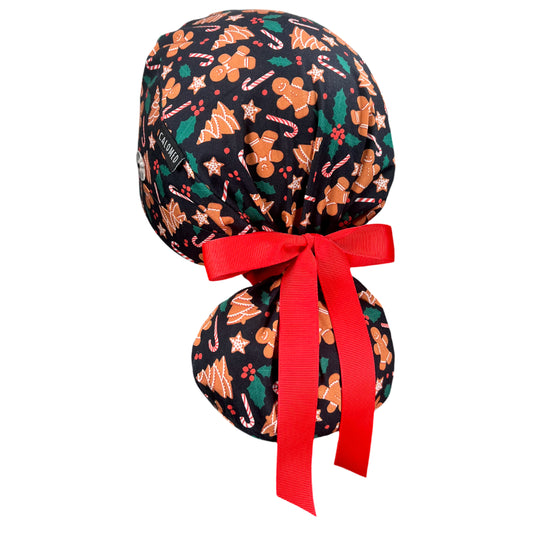 Gingerbread Man Cookies and Candy Canes on Black Ponytail Scrub Cap - 100% Cotton