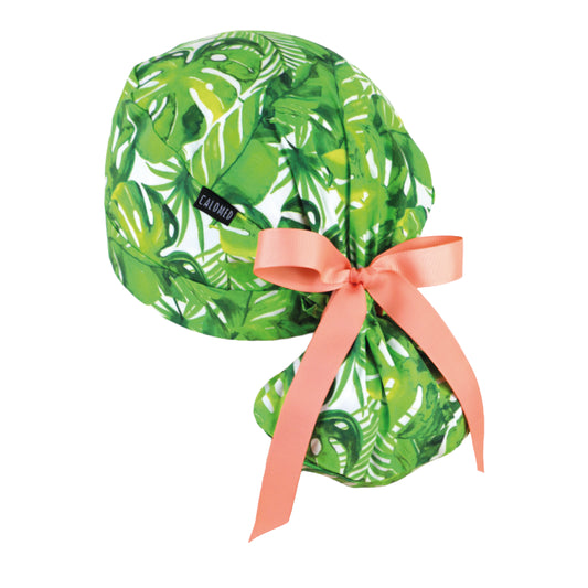 Green Tropical Leaves Ponytail Scrub Cap - 100% Cotton