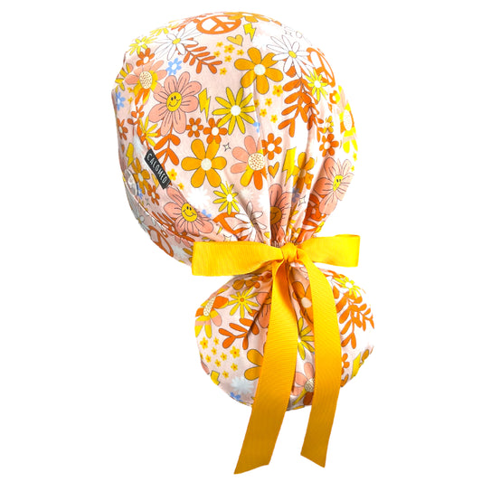 Groovy Peace Flower Power Ponytail Scrub Cap - 100% Cotton