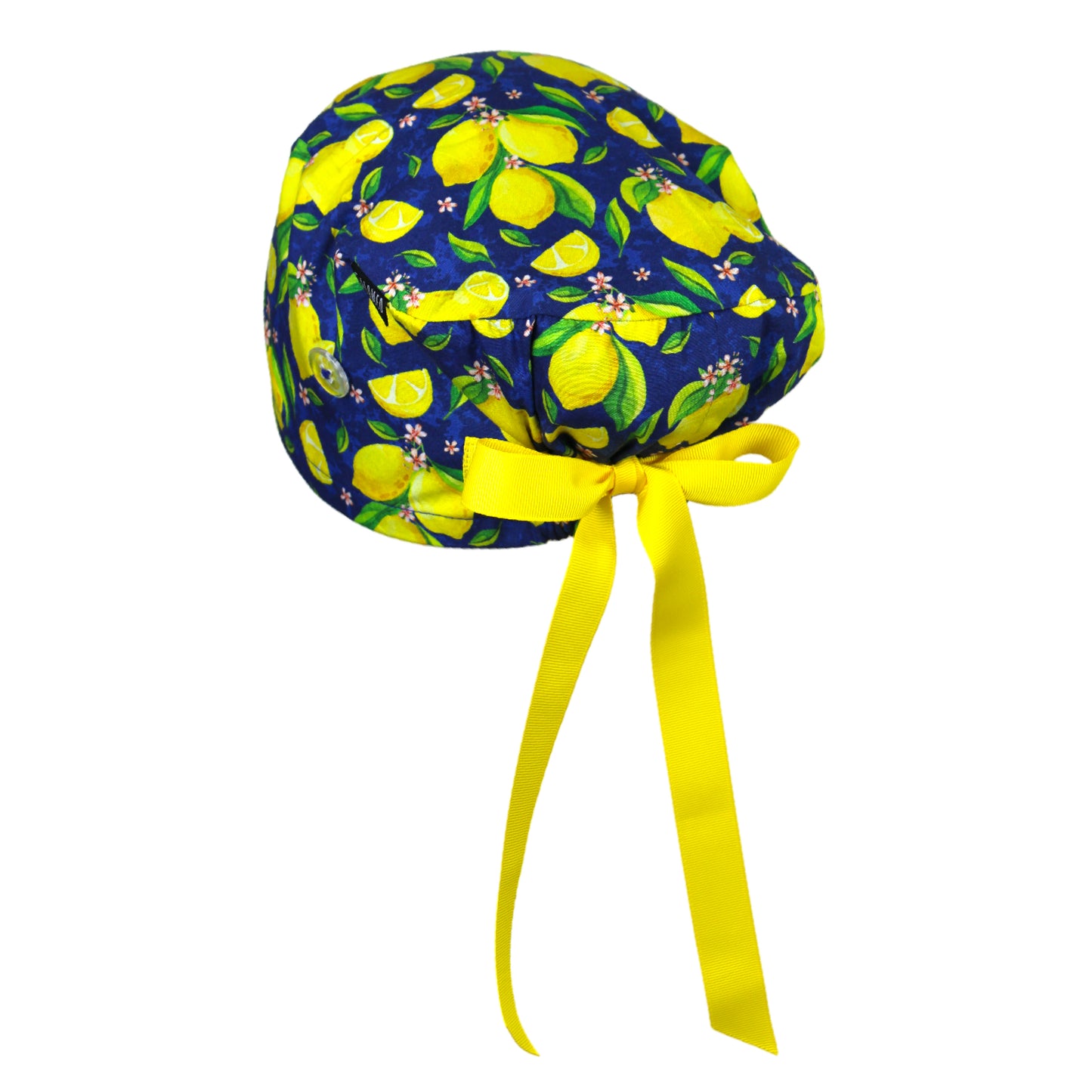 lemon and flowers on navy blue euro scrub cap view 2