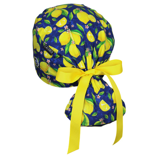 Lemons and Flowers on Blue Ponytail Scrub Cap - 100% Cotton