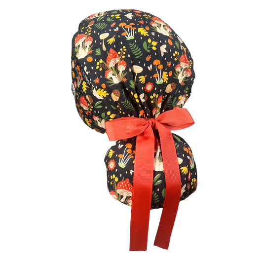 Mushrooms and Leaves on Black Ponytail Scrub Cap - 100% Cotton