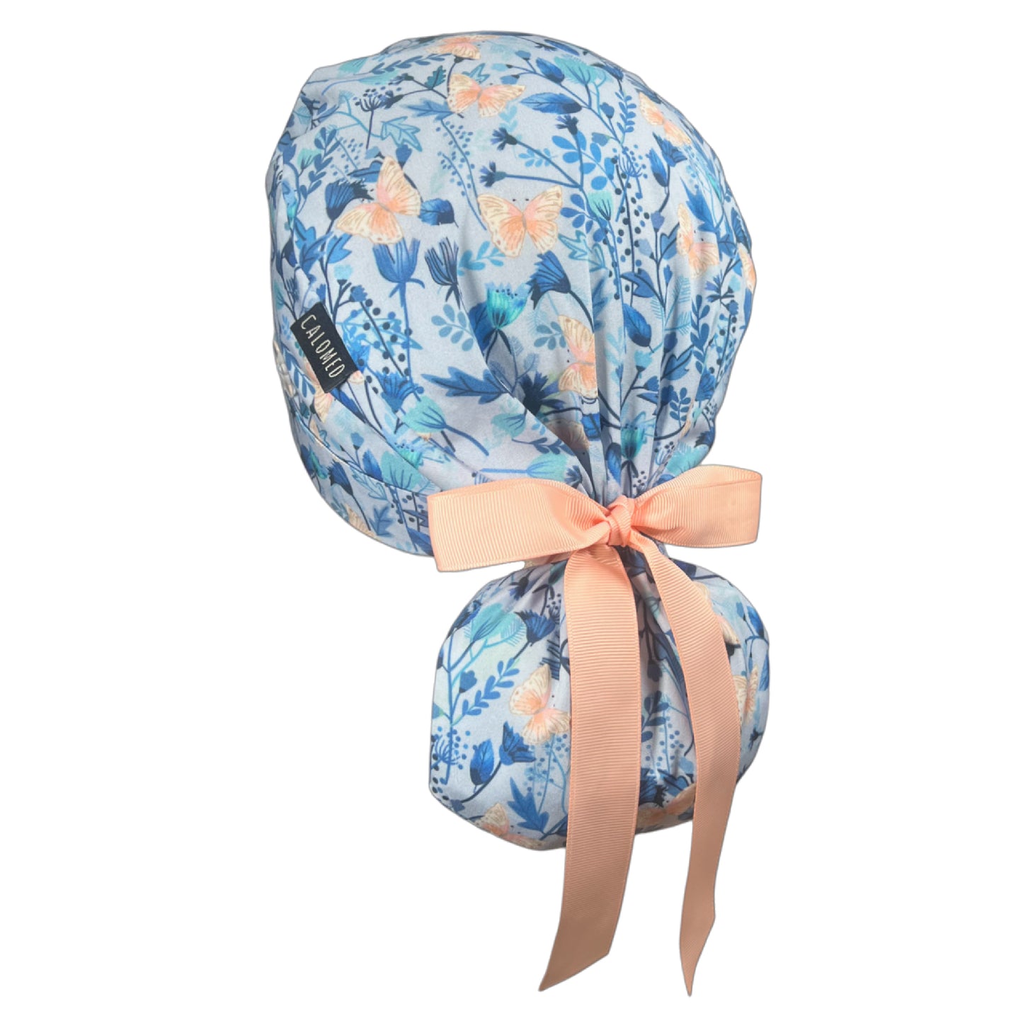 Pink Butterflies on Floral Blue Ponytail Scrub Cap - 100% Cotton