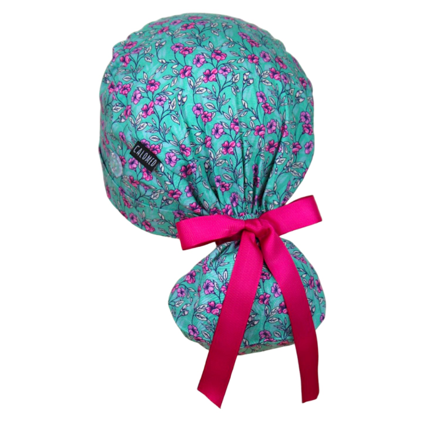 Purple Floral Vines on Aqua Ponytail Scrub Cap
