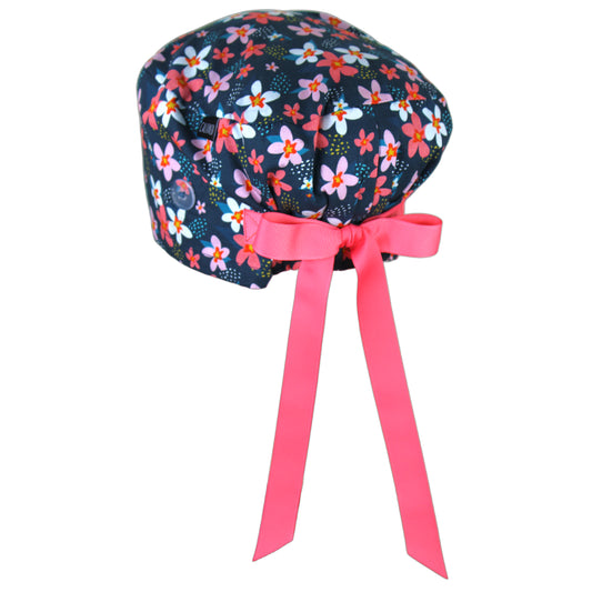 Small Pink Flowers on Navy Blue Euro Scrub Cap - 100% Cotton