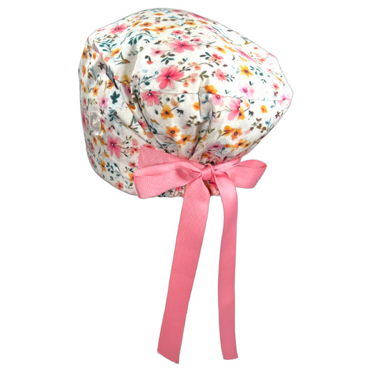 Small Watercolor Flowers on Ivory Euro Scrub Cap - 100% Cotton