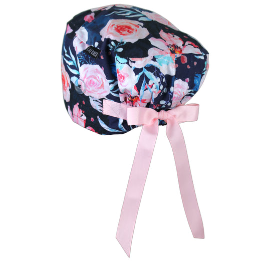 Watercolor Flowers on Navy Blue Euro Scrub Cap - 100% Cotton