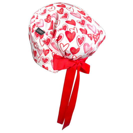 Watercolor Red Hearts on White Euro Scrub Cap - 100% Cotton