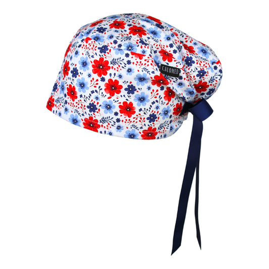 Red White and Blissful Flowers Euro Scrub Cap