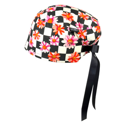 Pink Retro Flower Checkerboard Euro Scrub Cap