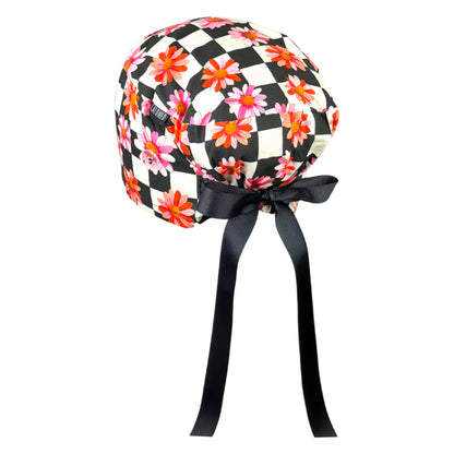 Pink Retro Flower Checkerboard Euro Scrub Cap