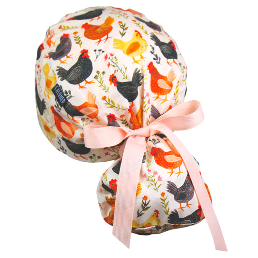 Cheerful Chickens Ponytail Scrub Cap
