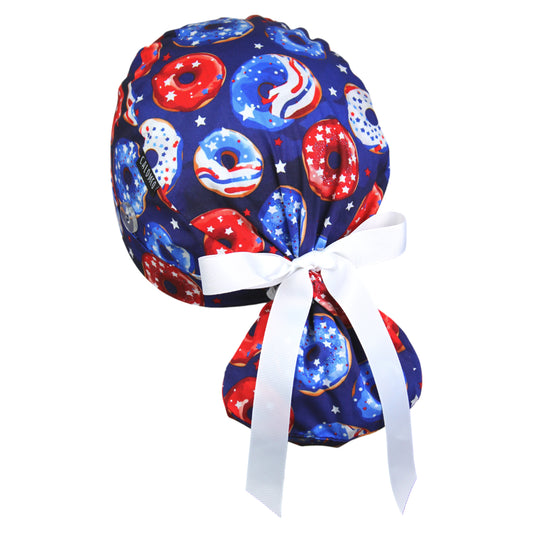 Patriotic Sprinkled Donuts Ponytail Scrub Cap