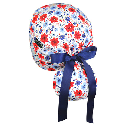 Red White and Blissful Flowers Ponytail Scrub Cap