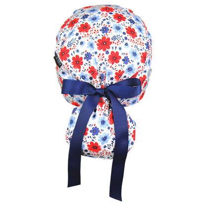Red White and Blissful Flowers Ponytail Scrub Cap