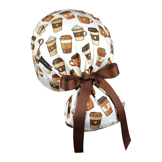 Comforting Coffee Cups Ponytail Scrub Cap