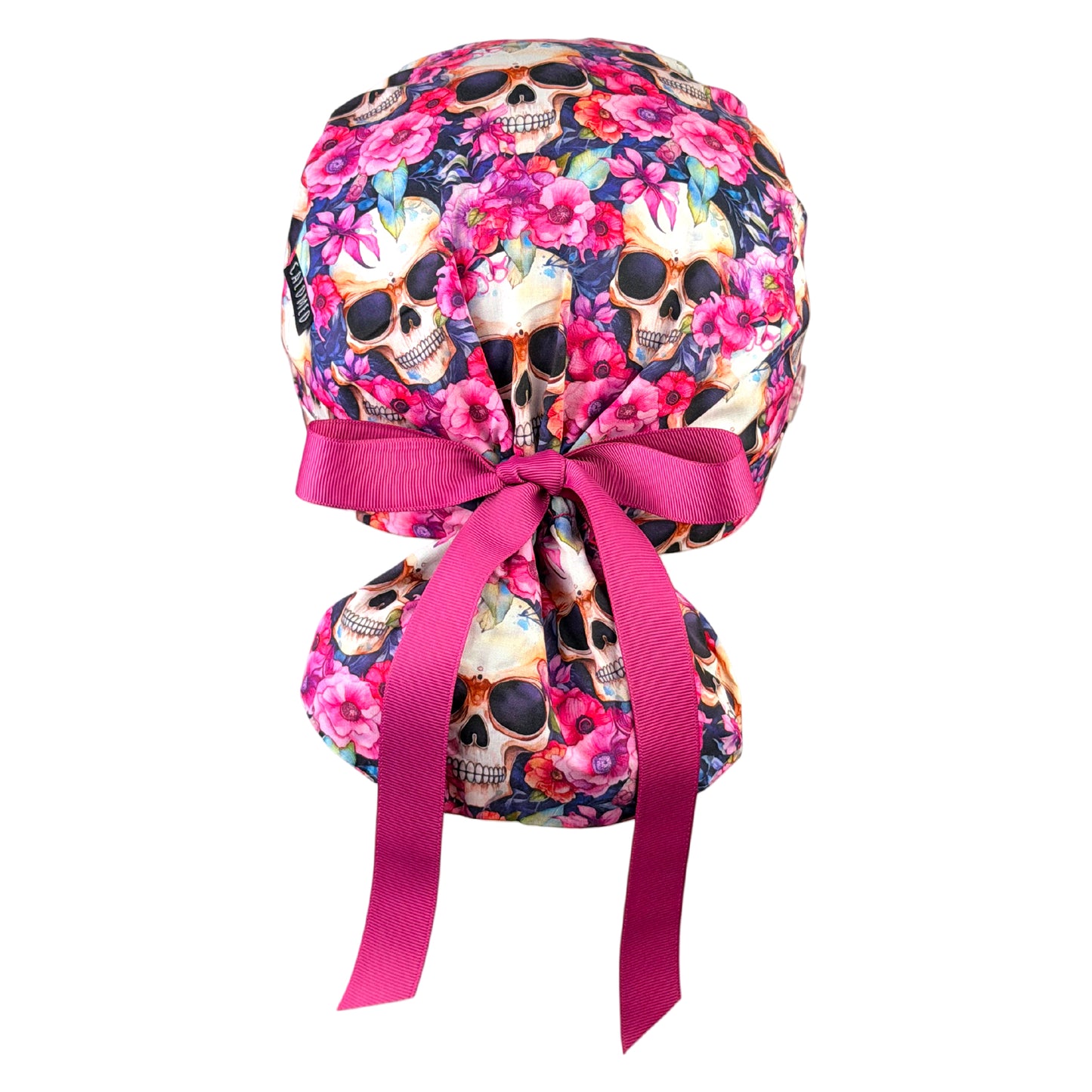 Blooming Pink Skulls Ponytail Scrub Cap