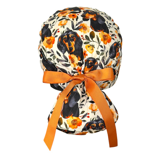 Dachshund Floral Garden Ponytail Scrub Cap
