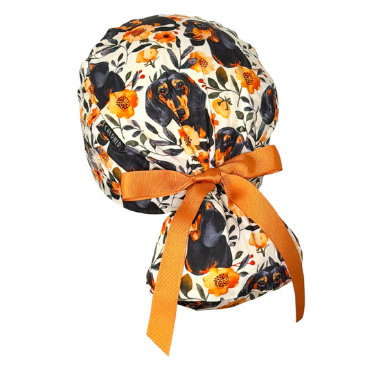 Dachshund Floral Garden Ponytail Scrub Cap
