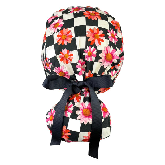 Pink Retro Flower Checkerboard Ponytail Scrub Cap