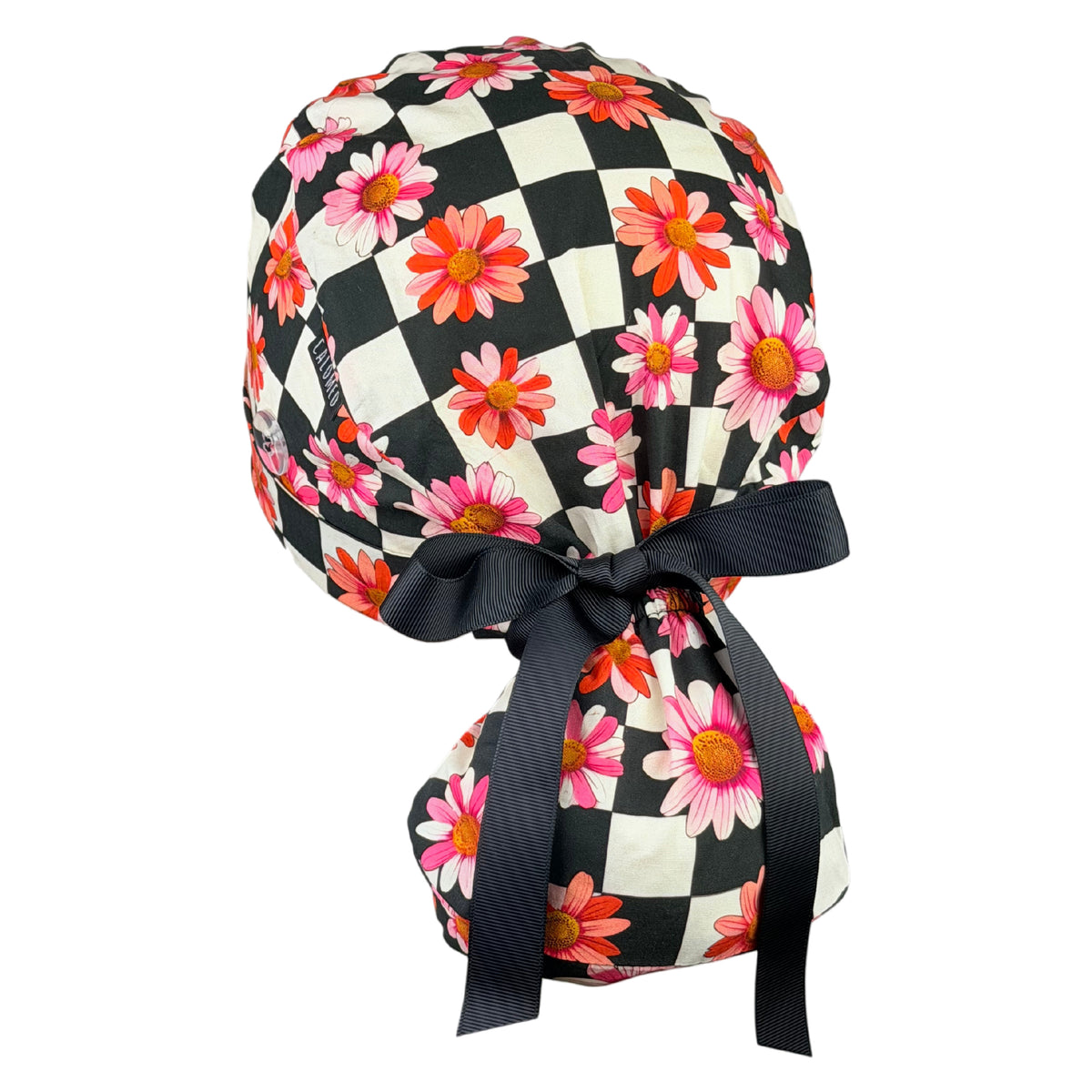Pink Retro Flower Checkerboard Ponytail Scrub Cap