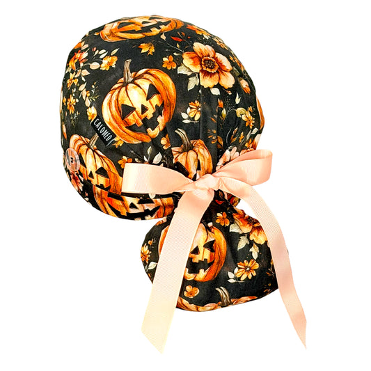 Spooky Pumpkin Night Garden Ponytail Scrub Cap