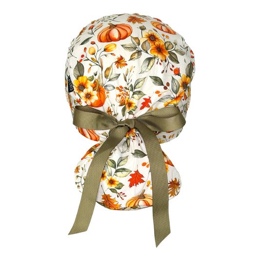 Autumn Floral Pumpkin Magic Ponytail Scrub Cap