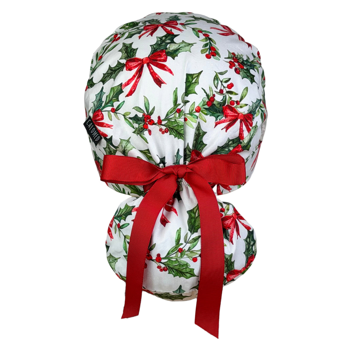 Holly and Red Bows Ponytail Scrub Cap