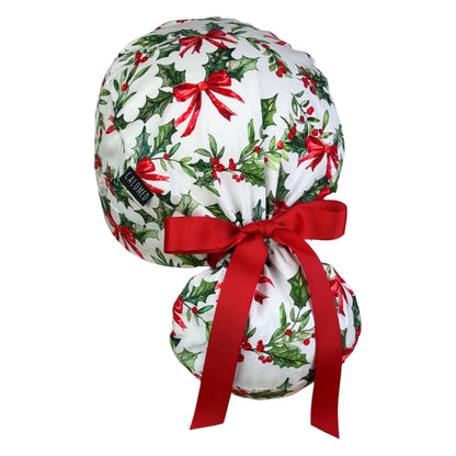 Holly and Red Bows Ponytail Scrub Cap