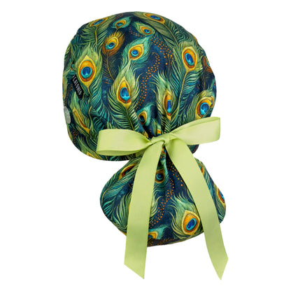 Majesting Peacock Feathers Ponytail Scrub Cap