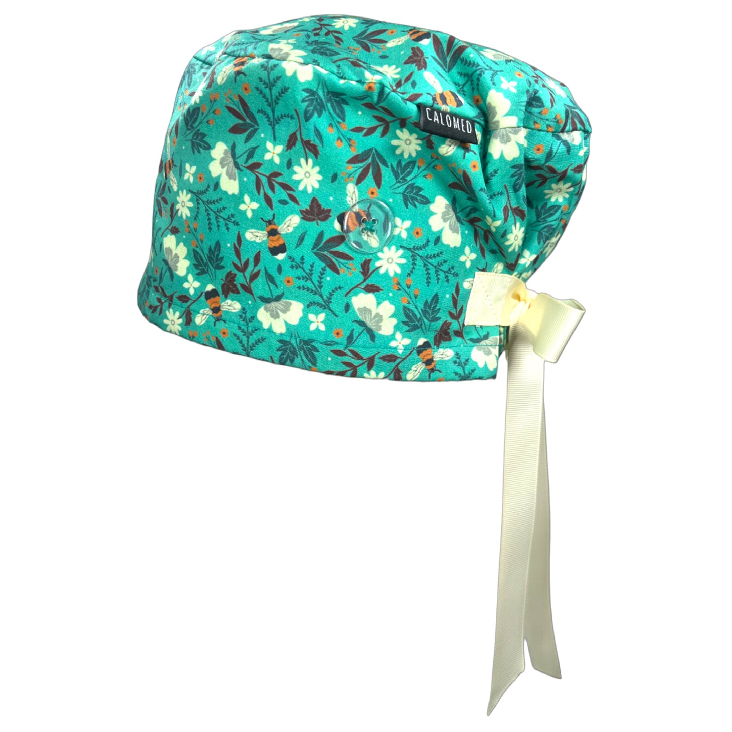 Bees and Flowers on Teal Euro Scrub Cap