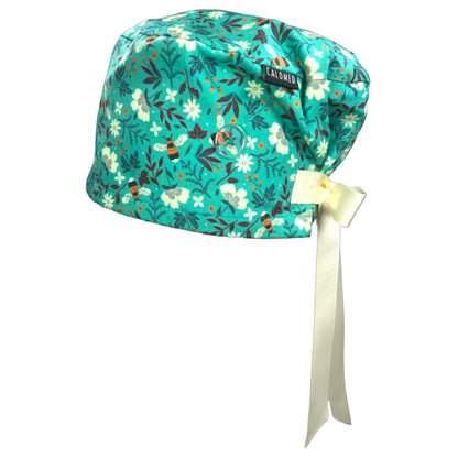 Bees and Flowers on Teal Euro Scrub Cap