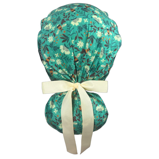 Bees and Flowers on Teal Ponytail Scrub Cap - 100% Cotton