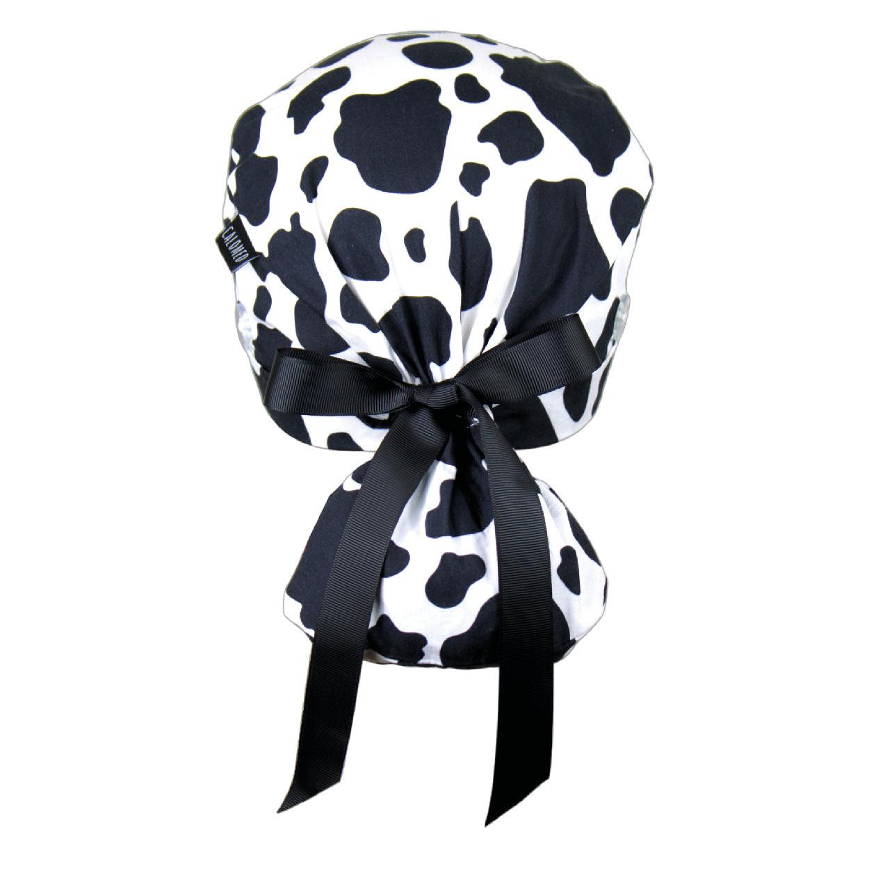 Black and White Cow Print Ponytail Scrub Cap