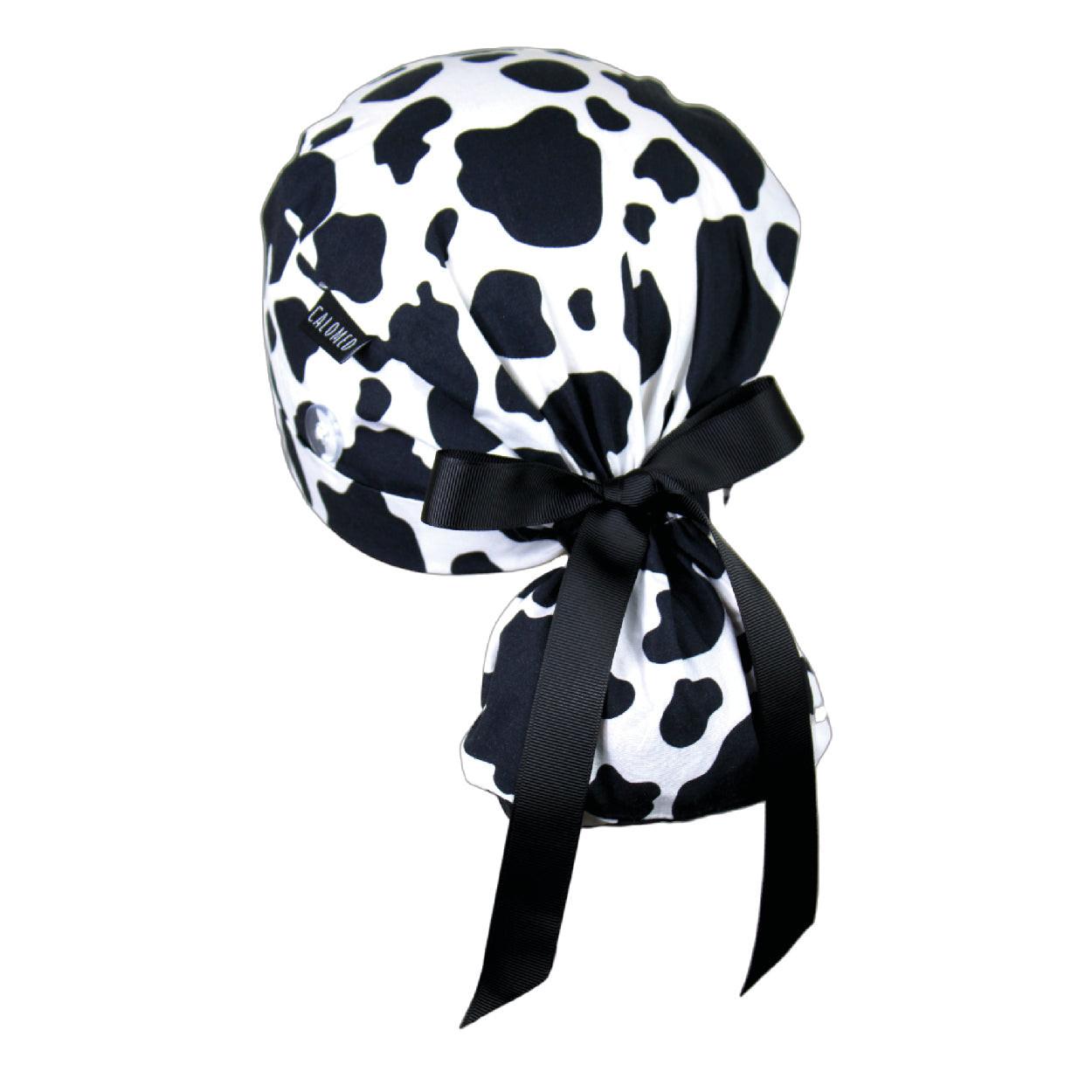 Black and White Cow Print Ponytail Scrub Cap