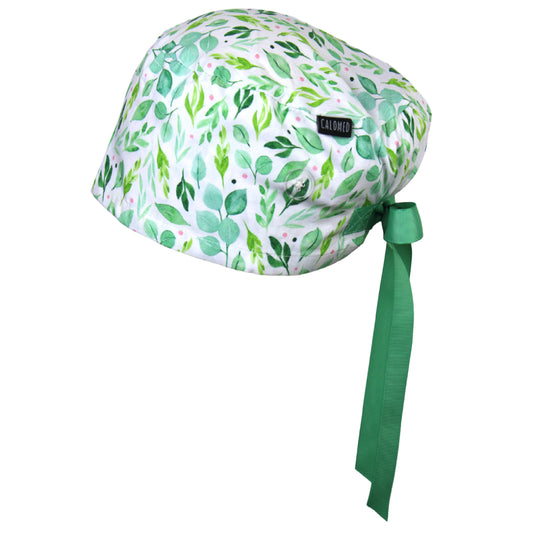 Botanical Green Leaves Euro Scrub Cap - 100% Cotton