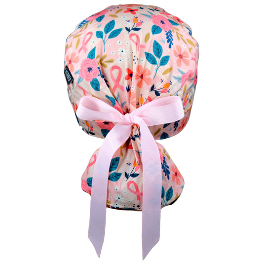 Breast Cancer Flowers Ponytail Scrub Cap - 100% Cotton