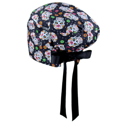 Candy Skulls on Black Euro Scrub Cap - 100% Cotton